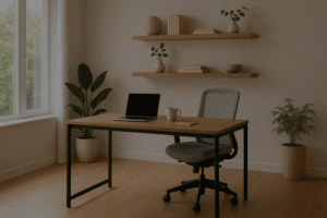 Modern furniture for a home office with desk, chair, and minimalist decor