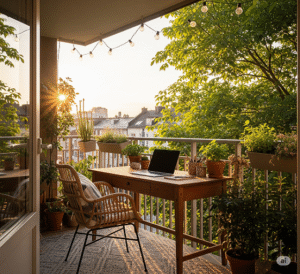 Balcony Converted Office Setup: wooden furniture featuring a laptop and other desk accessories