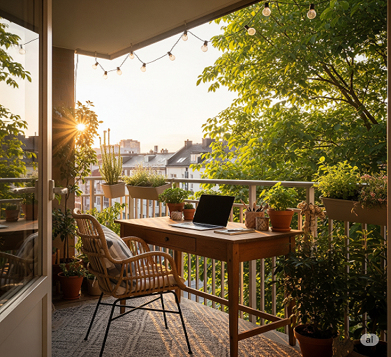 Balcony Converted Office Setup: wooden furniture featuring a laptop and other desk accessories