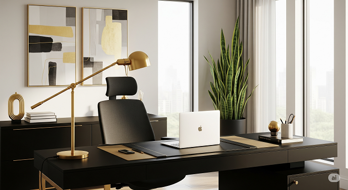 Ergonomic Black and Gold Luxe Desk Setup
