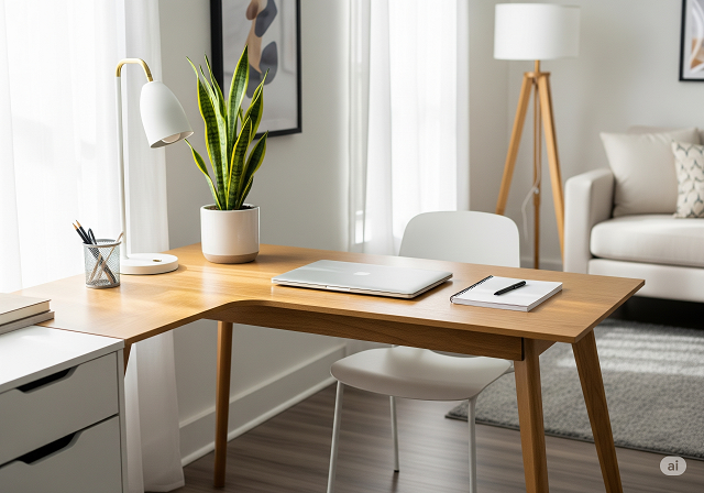 Corner Desk Ideas for Apartments featuring a laptop, desk accessories, a flower and a chair