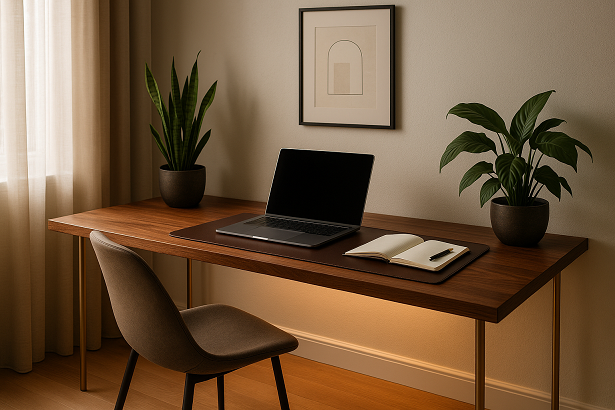 IKEA Desk Hack With Premium Look featuring a laptop, desk, notebook, chair and some plant for aesthetics