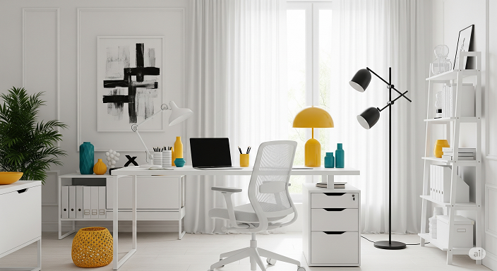 Monochrome White Office with Pops of Color