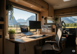 An RV Mobile Office Setup featuring an ergonomic chair, a laptop with its stand and a flower vase