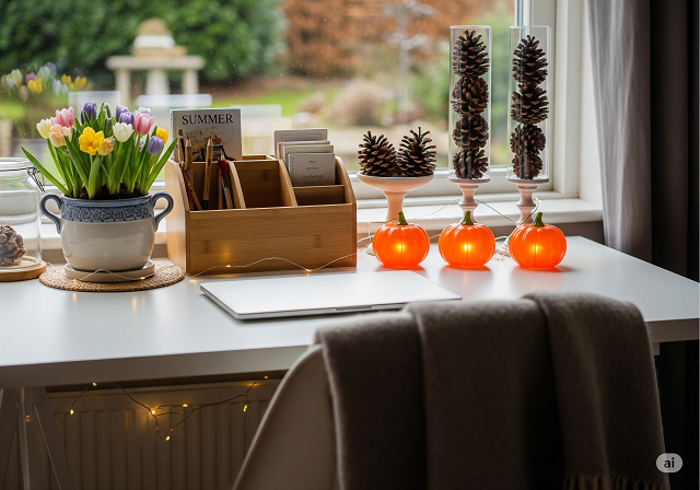 Inspiring Seasonal Desk Décor Rotations featuring spring pastel flowers in a ceramic pot, a summer-inspired bamboo organizer and autumn pumpkin lights