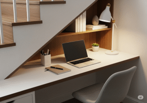 Under-Stair Workstation Solutions office visualizing a lamp, desk, laptop and writing accessories